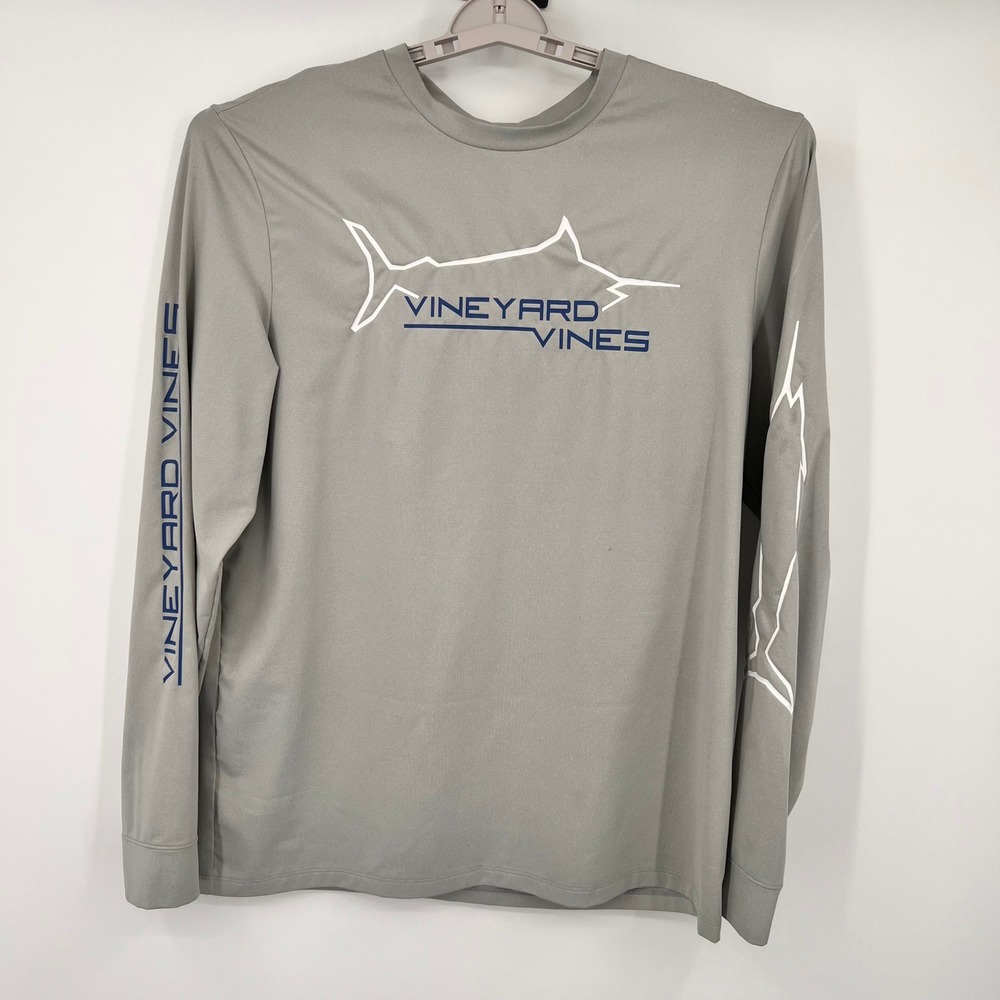 Vineyard Vines Mens L Performance Marlin Graphic Long Sleeve Shirt Gray Stretch